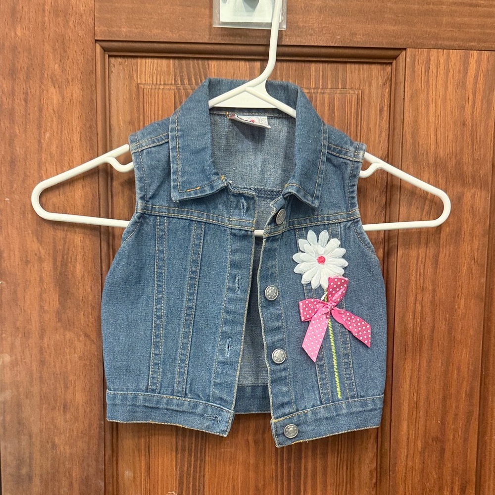 OshKosh B'gosh Blue Denim Vest with White Flower and Pink Bow